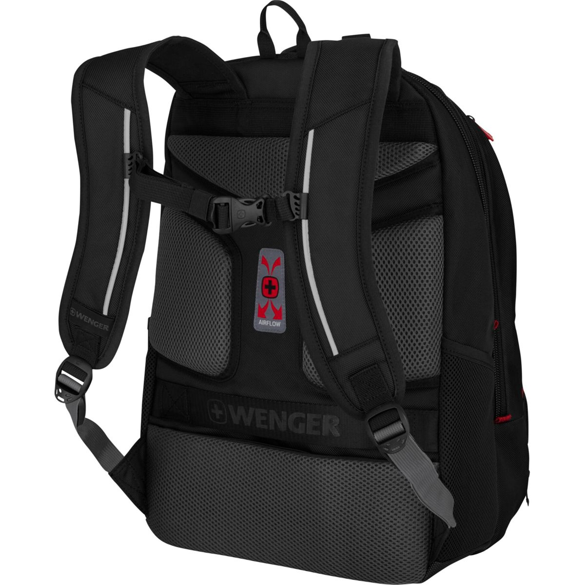 Sac à dos noir avec bandes réfléchissantes et Airflow. Logo Wenger visible.