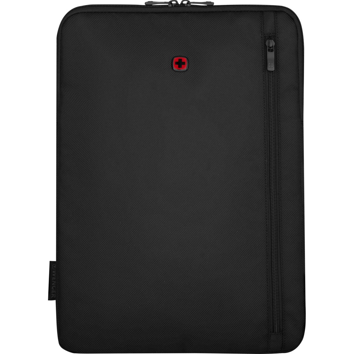 Housse d'ordinateur portable noire avec fermeture éclair et logo croix rouge sur fond blanc.