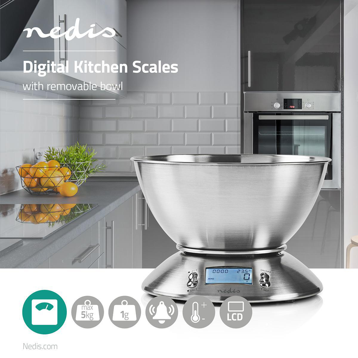 Bilancia da cucina digitale con ciotola rimovibile e indicatori di icone su un bancone.