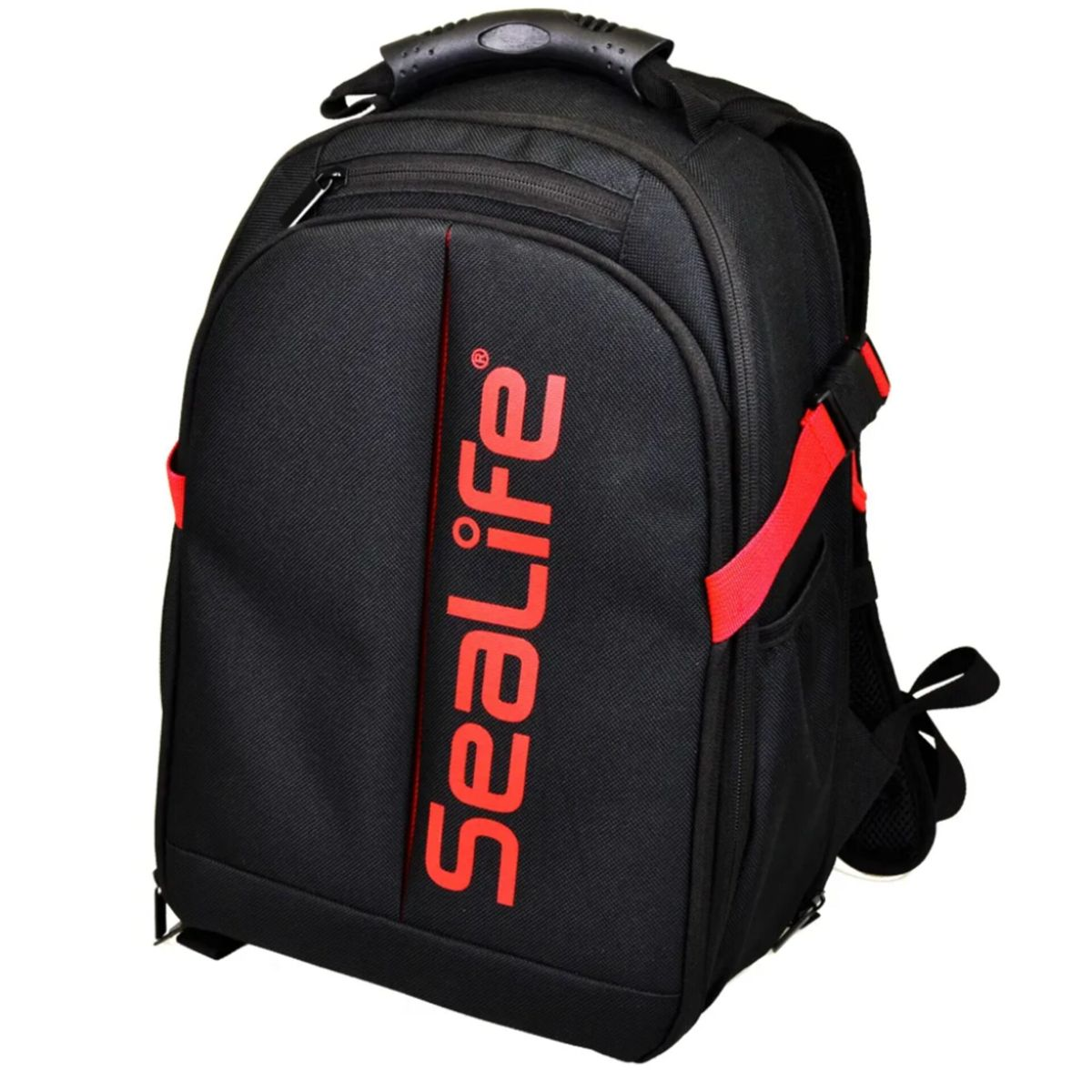Schwarzer Rucksack mit roten Akzenten, das SeaLife-Logo ist auf der Vorderseite.
