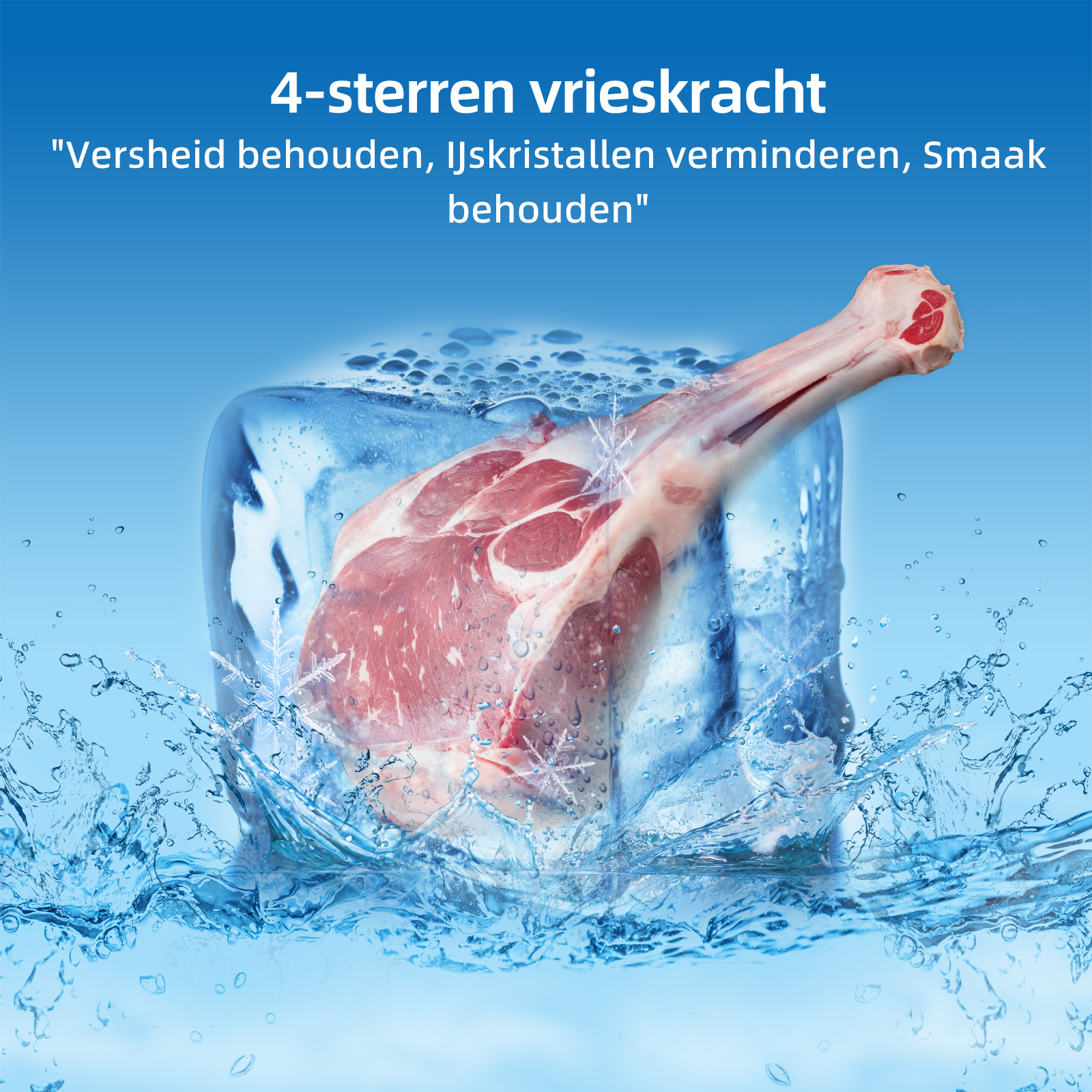 A cube of ice with meat inside, water splashes, on a blue background.