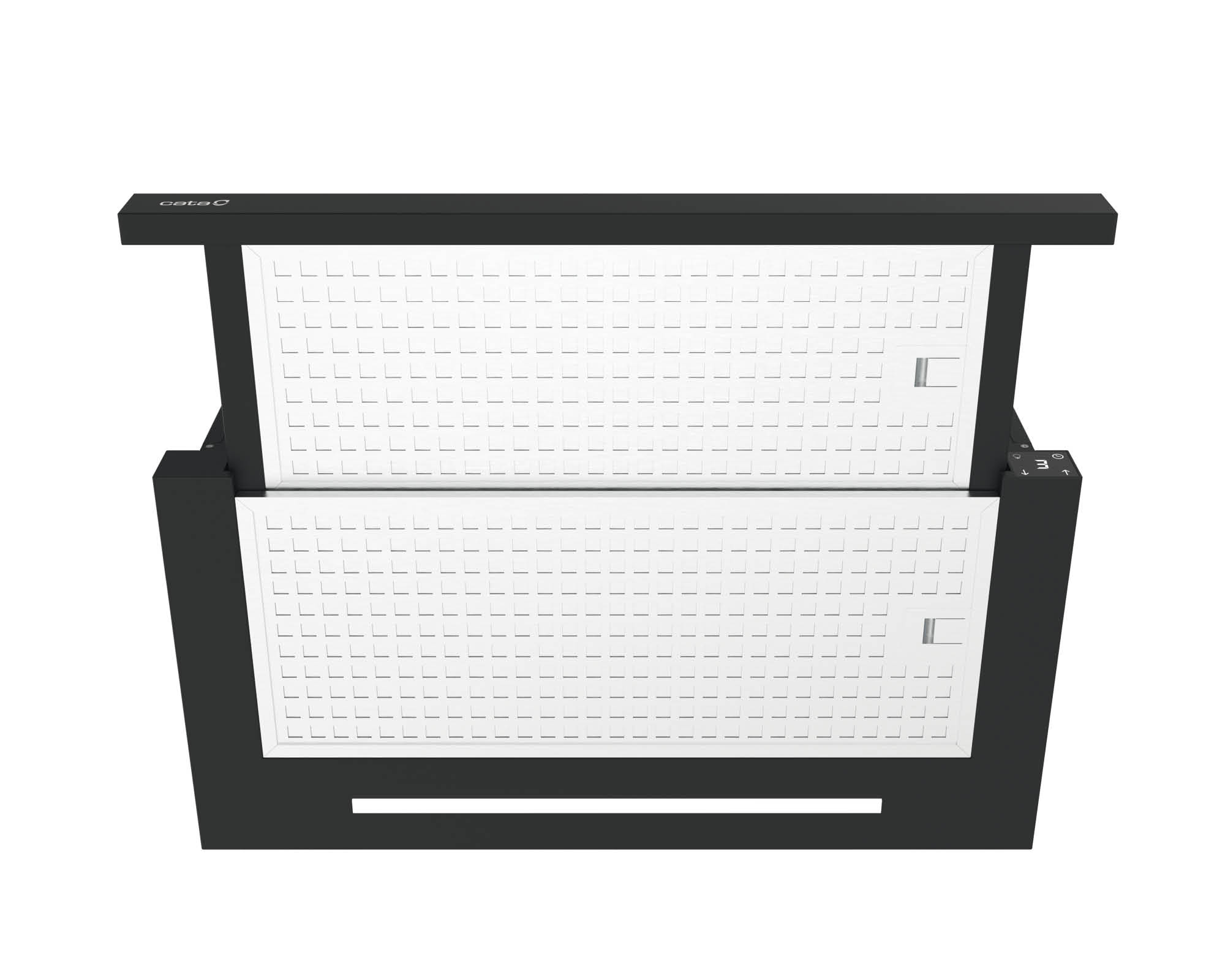 Czarny okap z dwoma białymi panelami. Widok z góry.