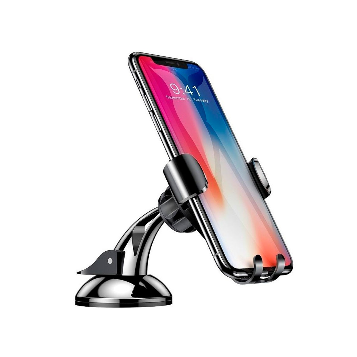 Telefon zamontowany w samochodzie za pomocą przyssawki. Telefon jest skierowany do widza.