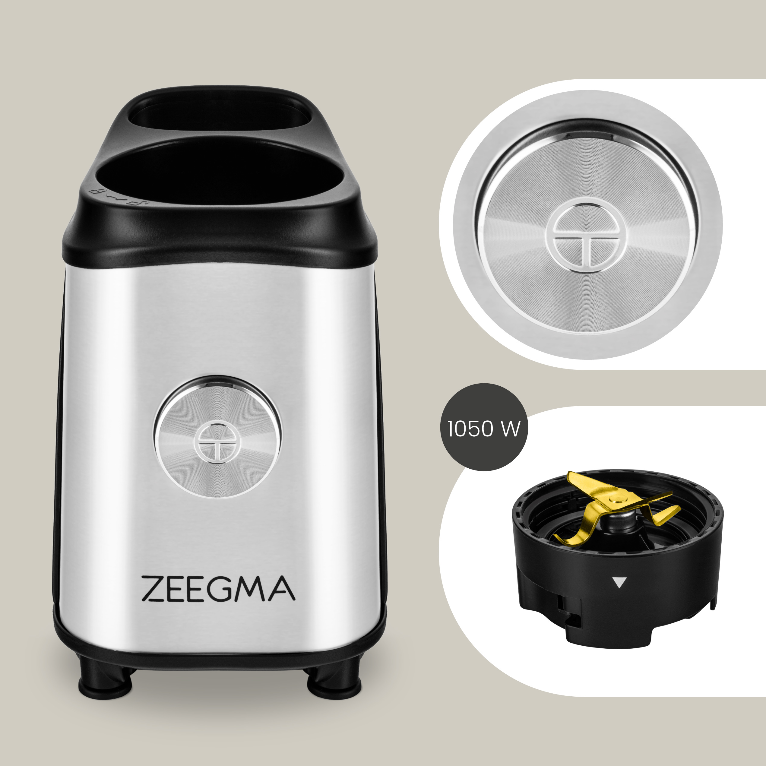 Srebrno-czarny blender Zeegma z uchwytem na kubek i ostrzami, ze szczegółami mocy.