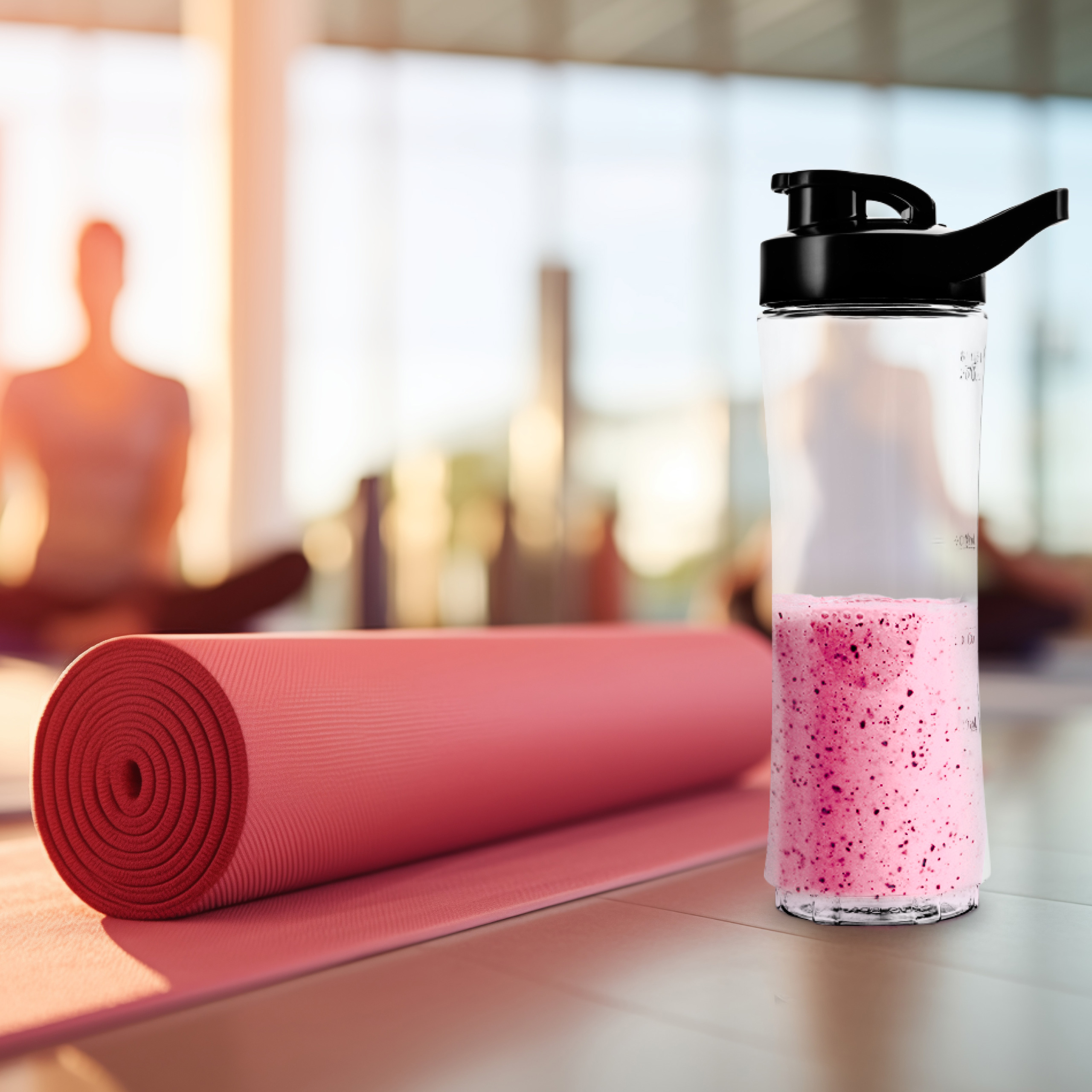 Eine Yogamatte ist neben einem Mixer mit rosa Smoothie aufgerollt, mit verschwommener Yoga-Klasse im Hintergrund.