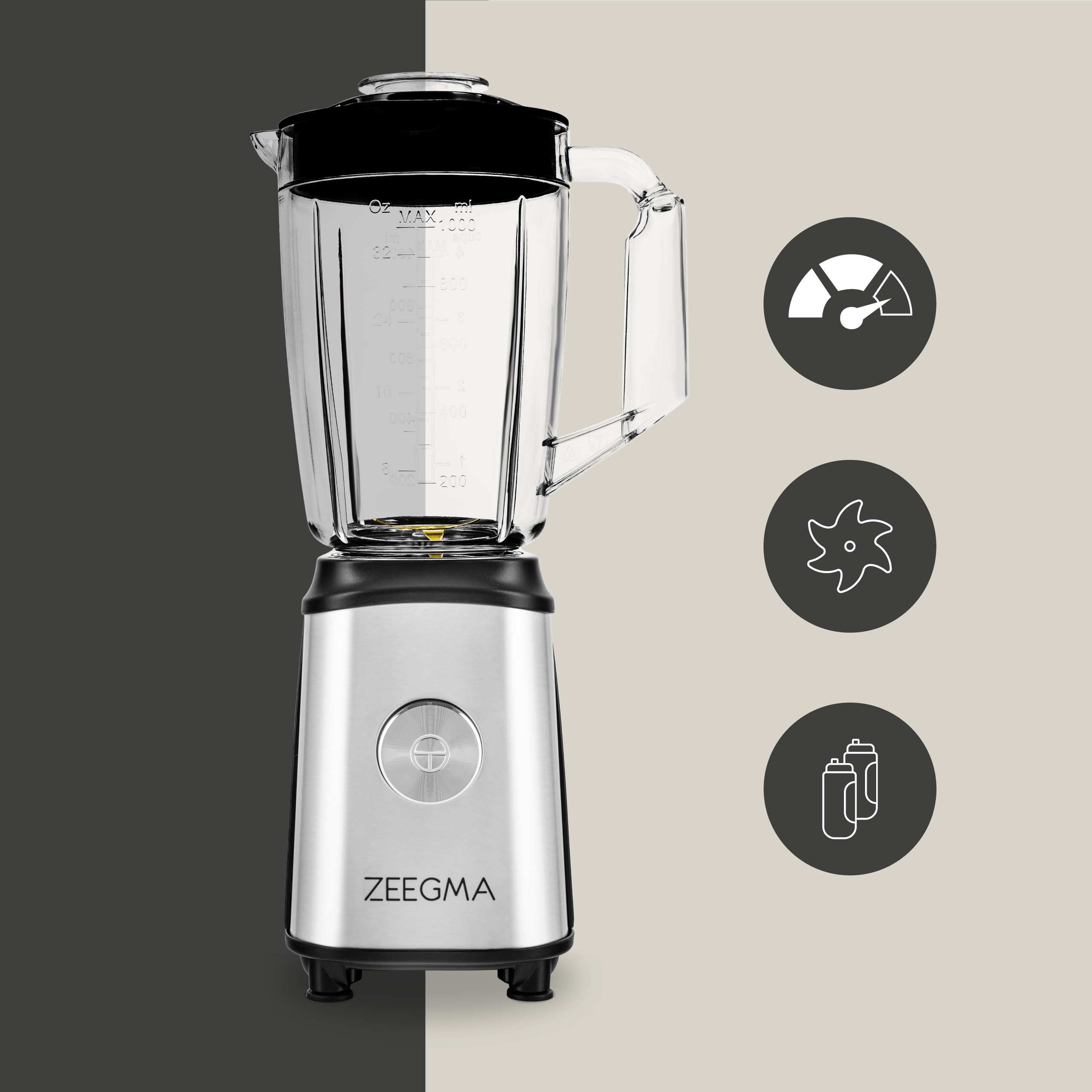 Srebrny blender ze szklanym dzbanem i czarną pokrywą, obok ikon prędkości i ostrzy.