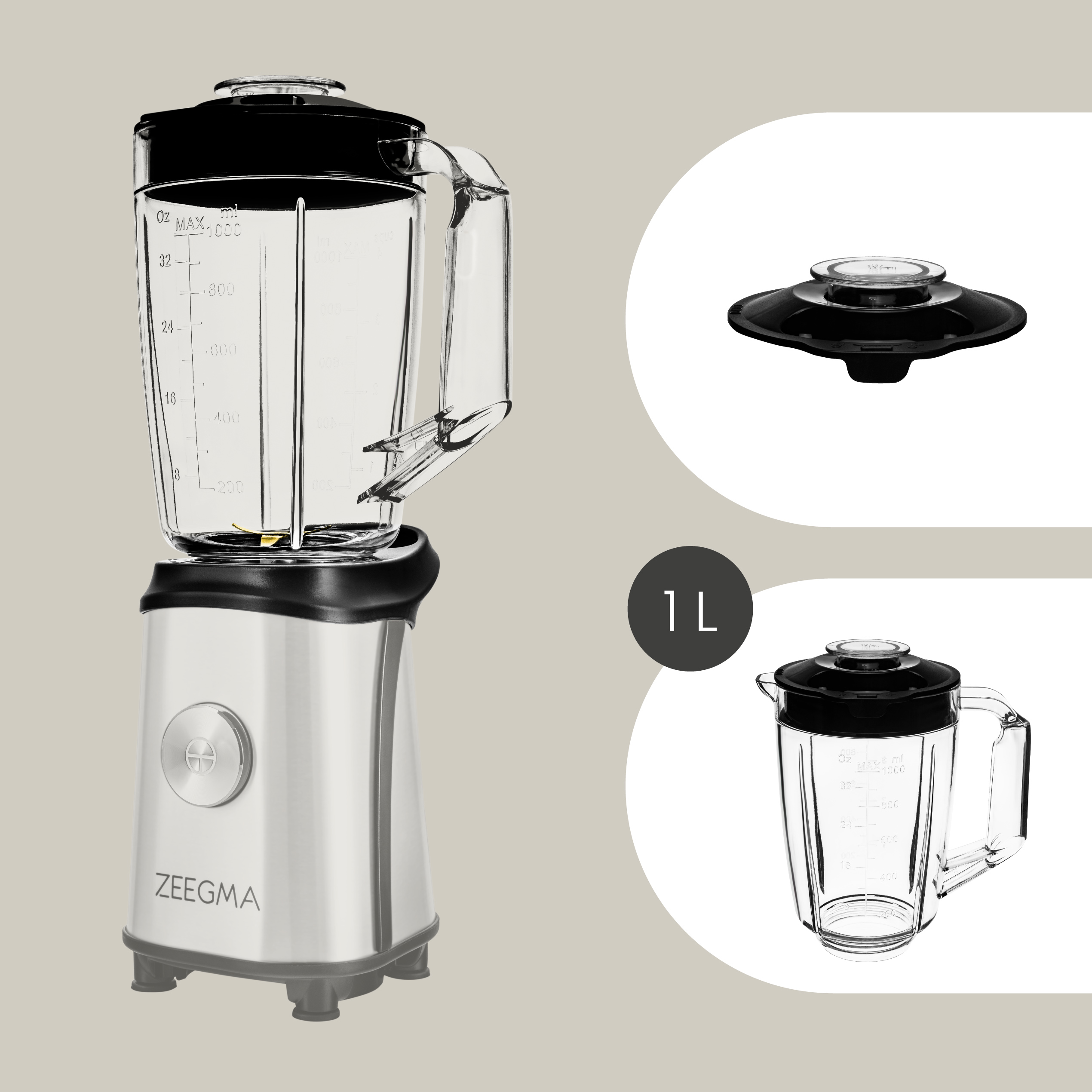 Blender z przezroczystym dzbankiem i pokrywką, odłączoną pokrywką i oddzielnym dzbankiem. Jasne tło.