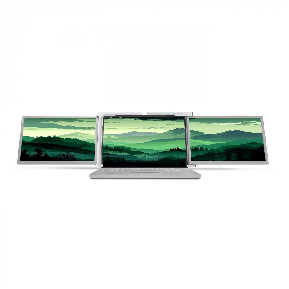 Laptop z trzema dodatkowymi ekranami wyświetlającymi zielony krajobraz.