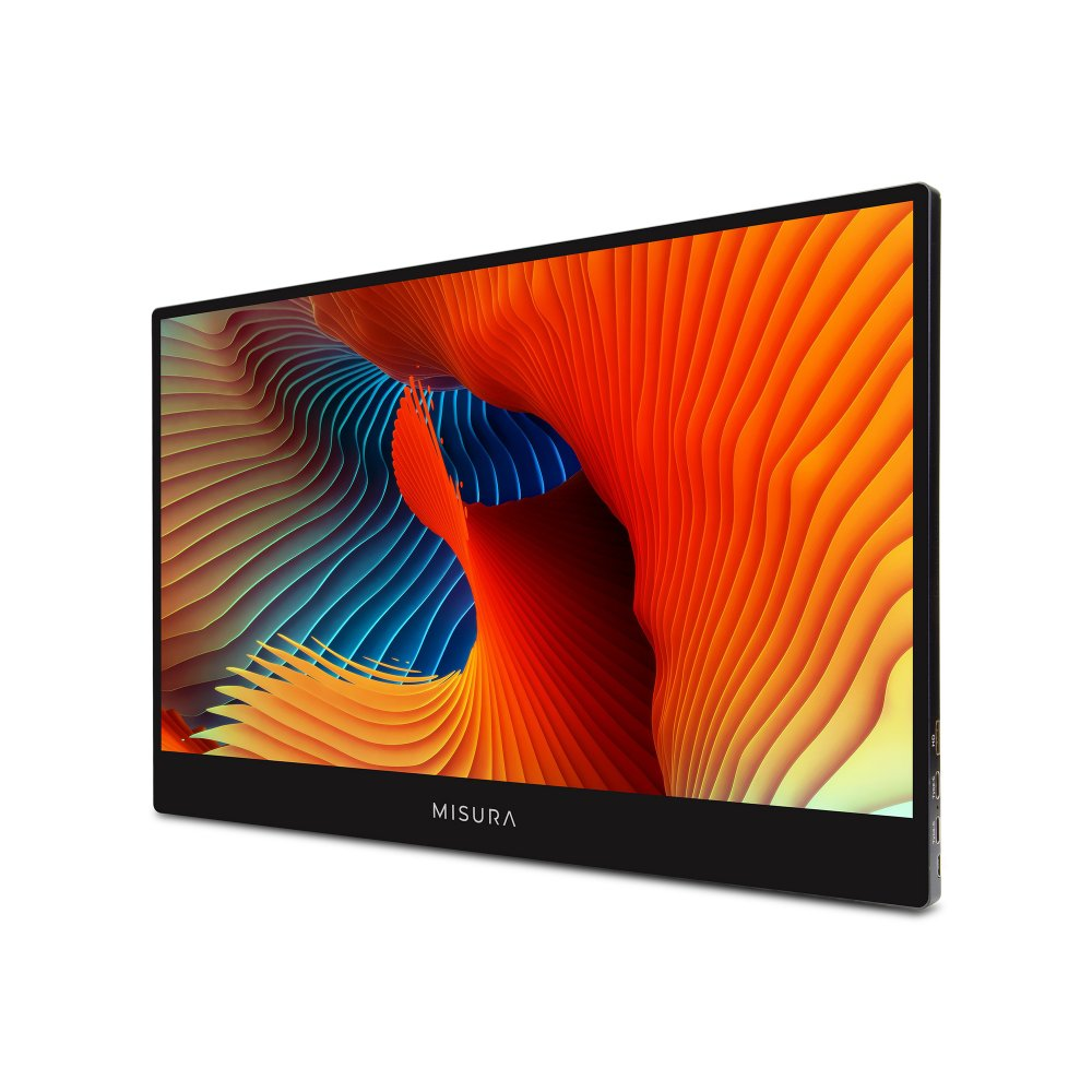 Czarny monitor komputera z kolorową sztuką abstrakcyjną, widok z boku.