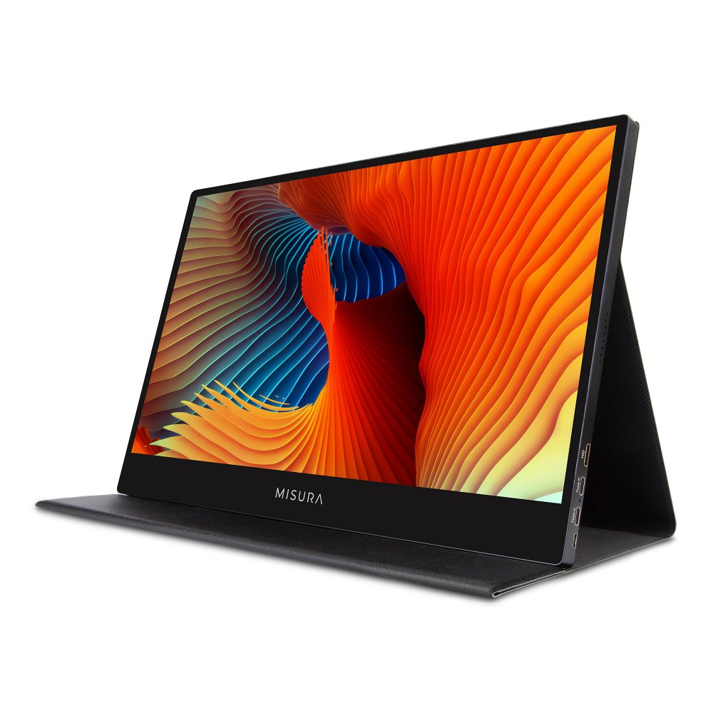 Czarny monitor przenośny z żywym pomarańczowo-niebieskim abstrakcyjnym wzorem na ekranie.