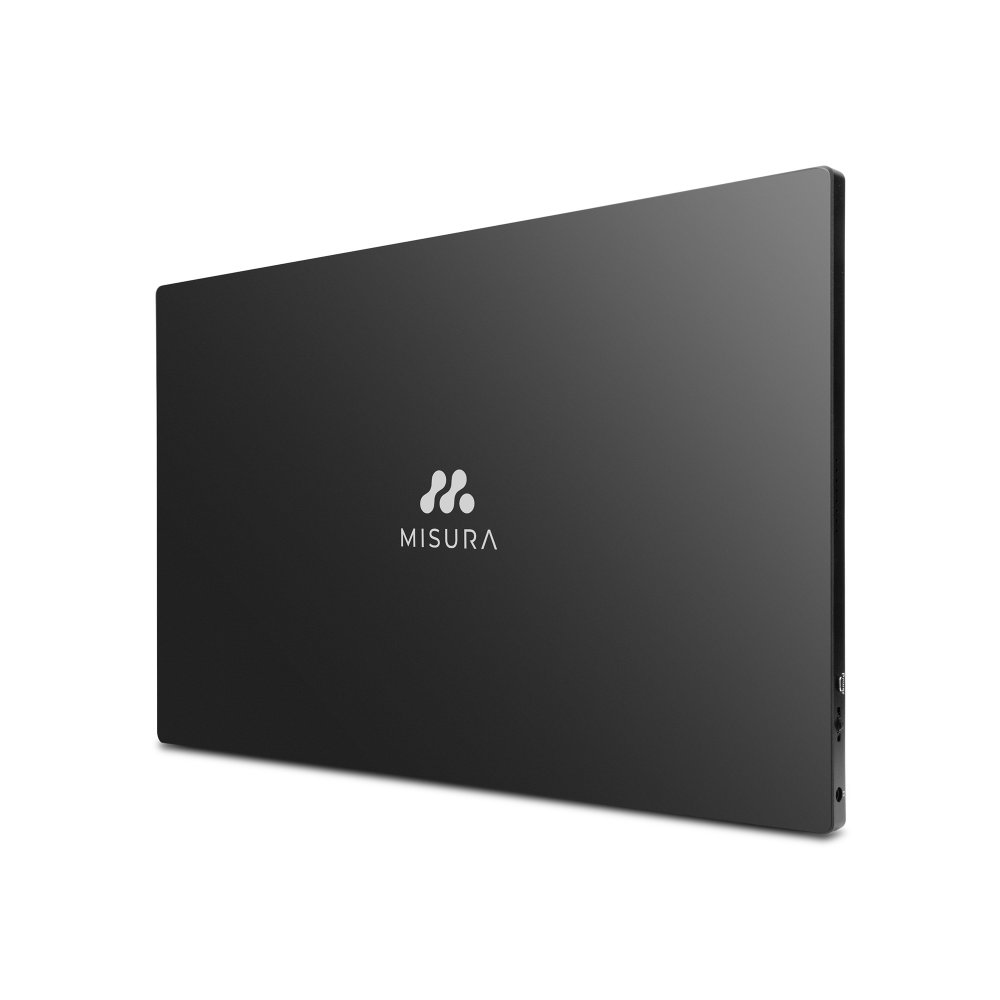 Czarny monitor Misura na białym tle, lekko pochylony, aby pokazać bok.