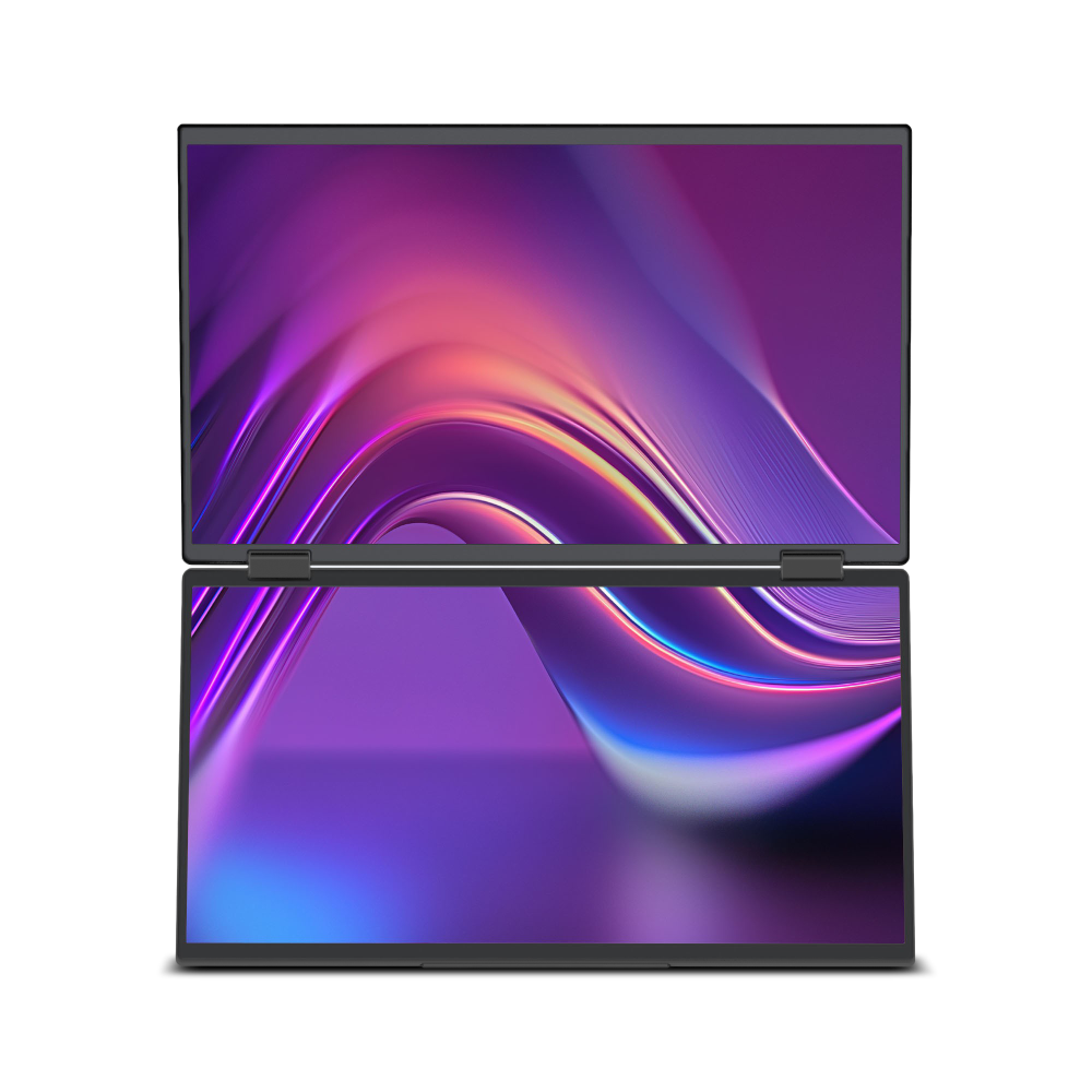 Dwa laptopy z otwartymi ekranami. Ekrany wyświetlają abstrakcyjną, kolorową sztukę cyfrową.