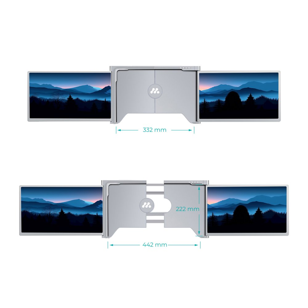 Dwa ekrany komputerowe obok siebie, z wymiarami. Ekrany pokazują krajobraz.