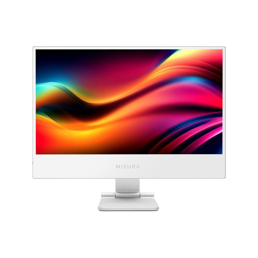 Biały monitor MISURA na stojaku. Ekran wyświetla kolorową sztukę abstrakcyjną.