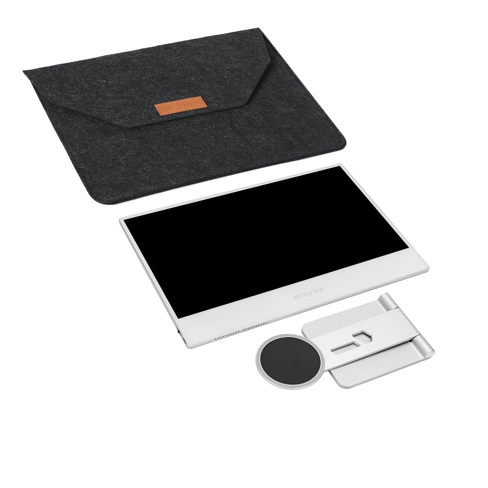 Tablet z etui i podstawką. Tablet jest srebrny. Pokrowiec jest szary.