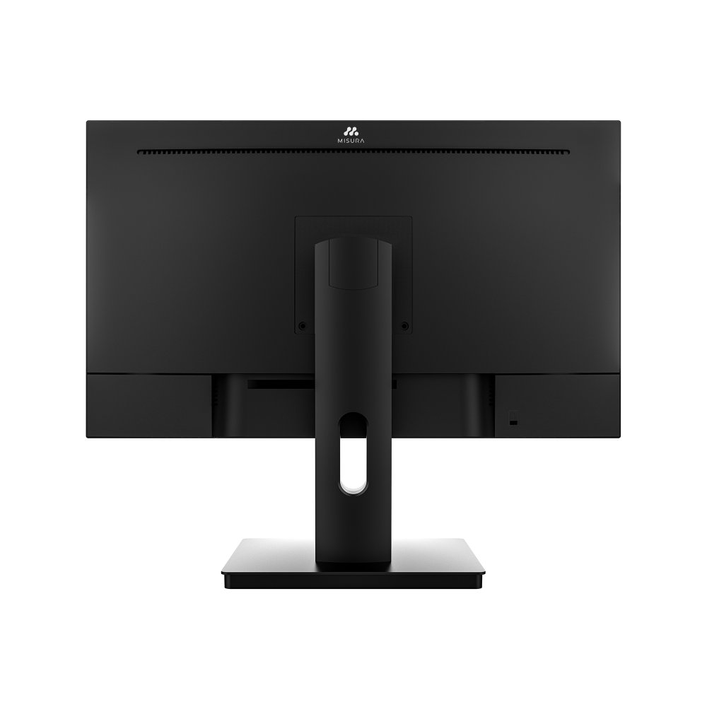 Tył czarnego monitora komputera. Ma podstawę, porty i logo marki na górze.