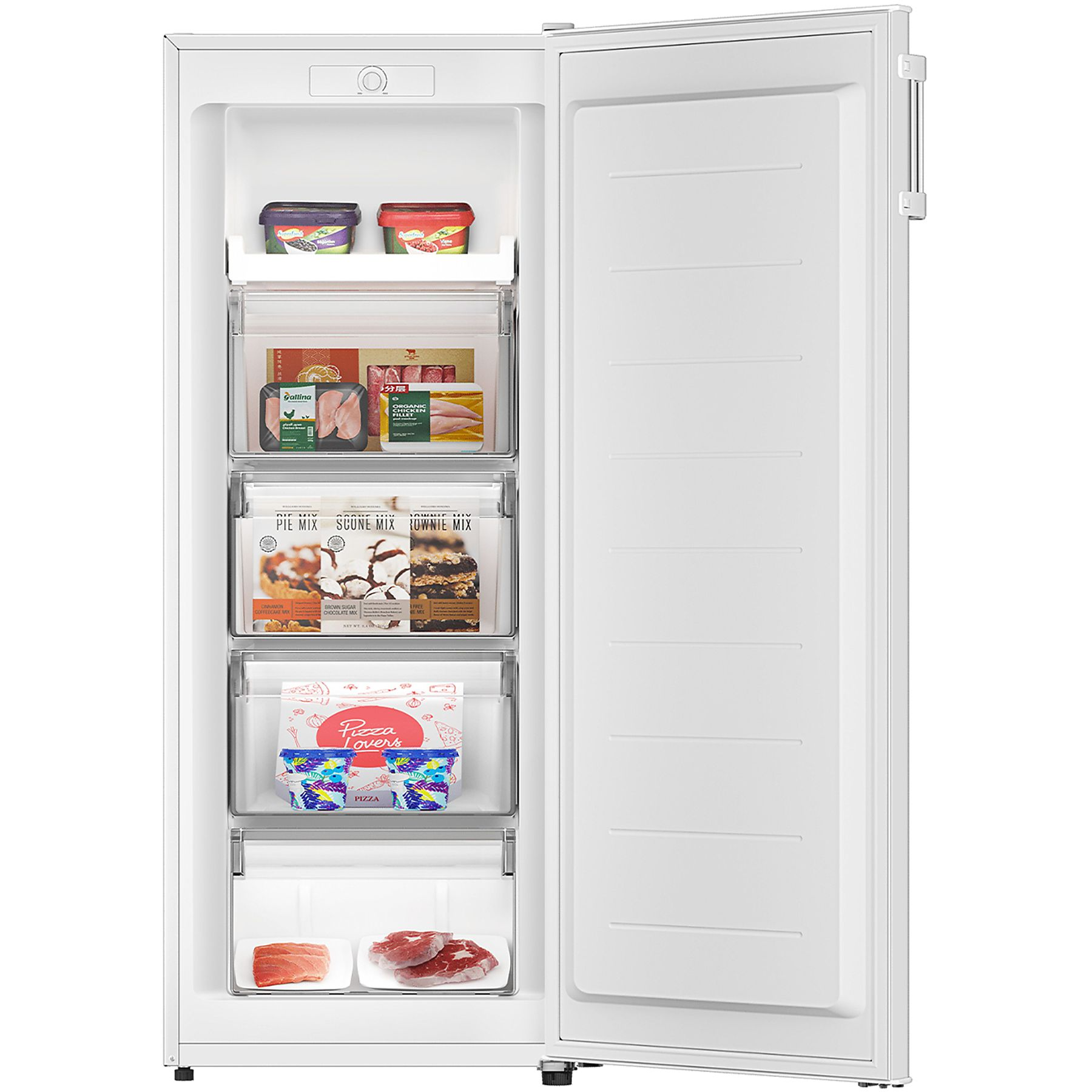 Congelatore con porta aperta, che rivela ripiani con vari alimenti surgelati, tra cui pizza e carne.