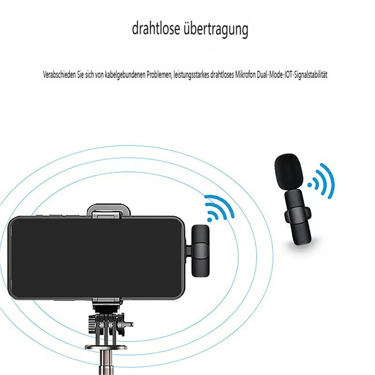 Drahtloses Mikrofon und Telefon auf einem Stativ, mit Signalübertragungsdiagramm.