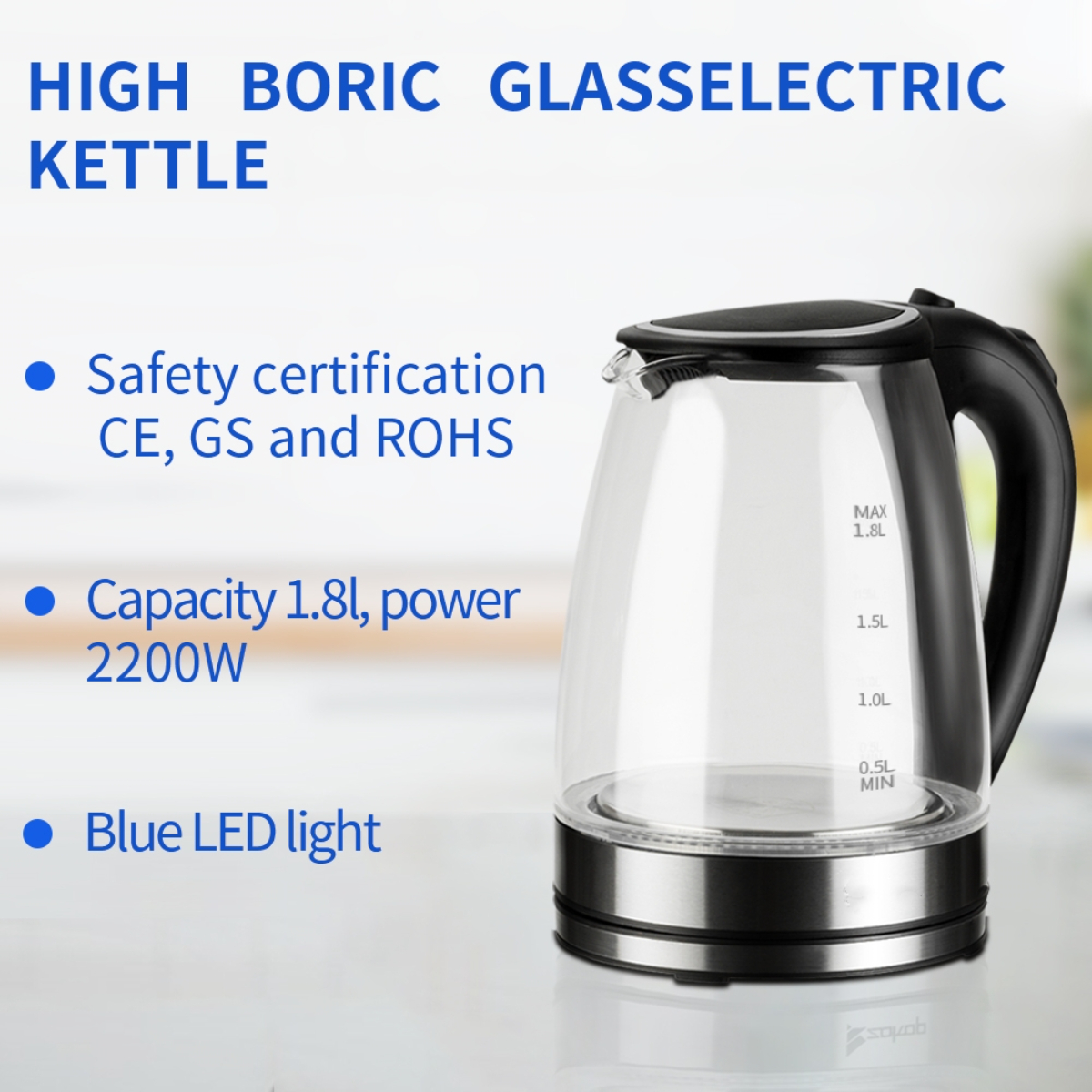 Elektrischer Wasserkocher mit Sicherheitszertifizierungen. Klarer Glaskörper und schwarzer Griff. Blaue LED-Leuchte.