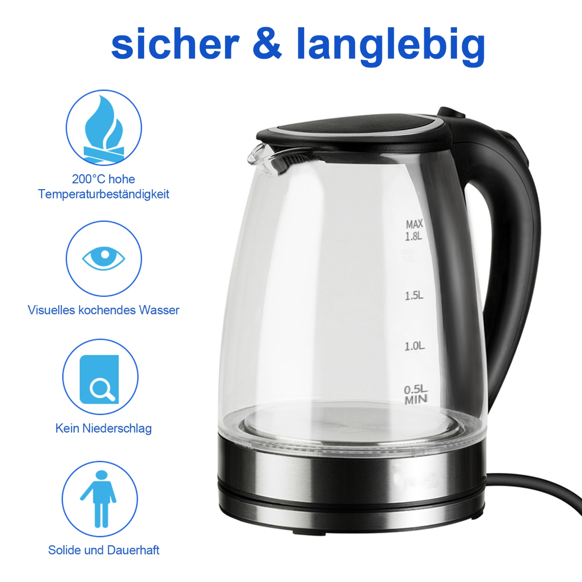 Ein klarer elektrischer Glaskessel mit schwarzem Griff, der Wasserstandsanzeigen und Symbole zeigt.