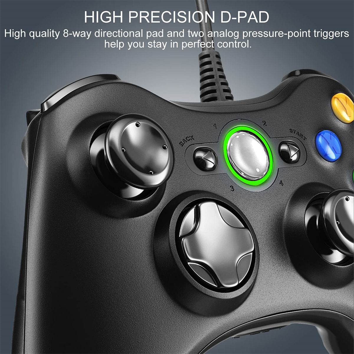 Schwarzer Gamecontroller mit Knöpfen und Joystick. Grauer Hintergrund.