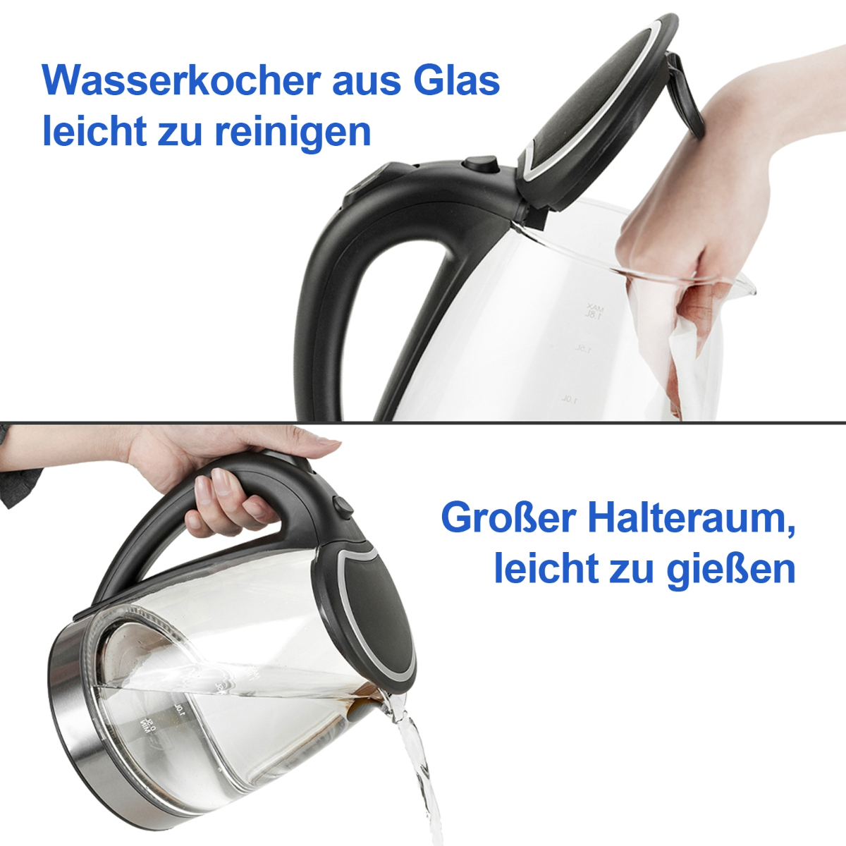 Zwei Bilder. Eine Person gießt Wasser aus einem Glaskessel. Der Text lautet: leicht zu reinigen, großer Halteraum.