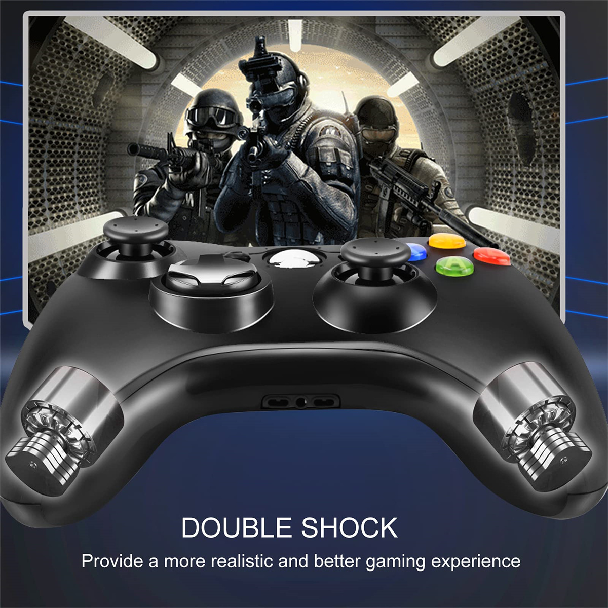 Ein schwarzer Gaming-Controller mit Aktionstasten und Joysticks. Ein Bildschirm zeigt Soldaten.