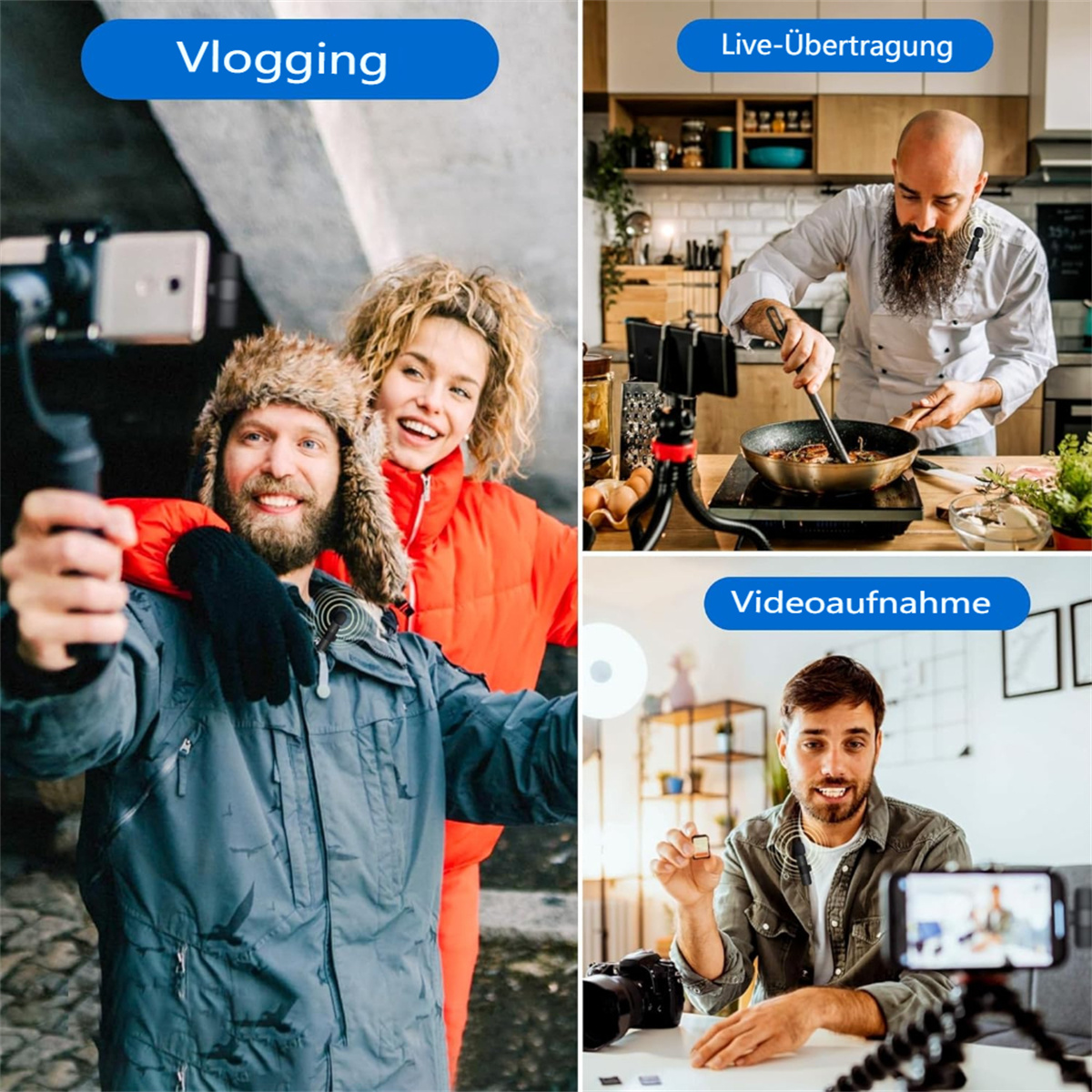Drei Bilder, die Menschen beim Vlogging, Live-Streaming und Videoaufzeichnung zeigen. Jeder hat eine Bildunterschrift.