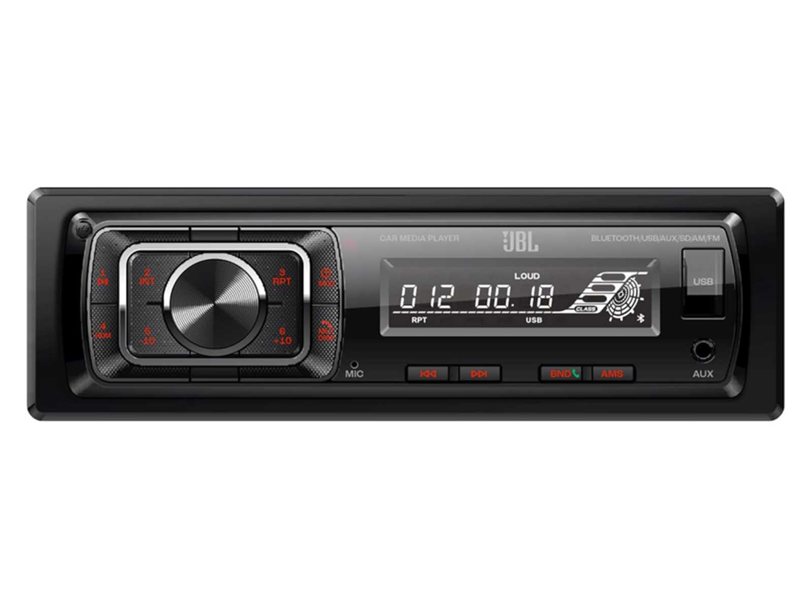 A black car stereo with a digital display, buttons, and a central control knob.