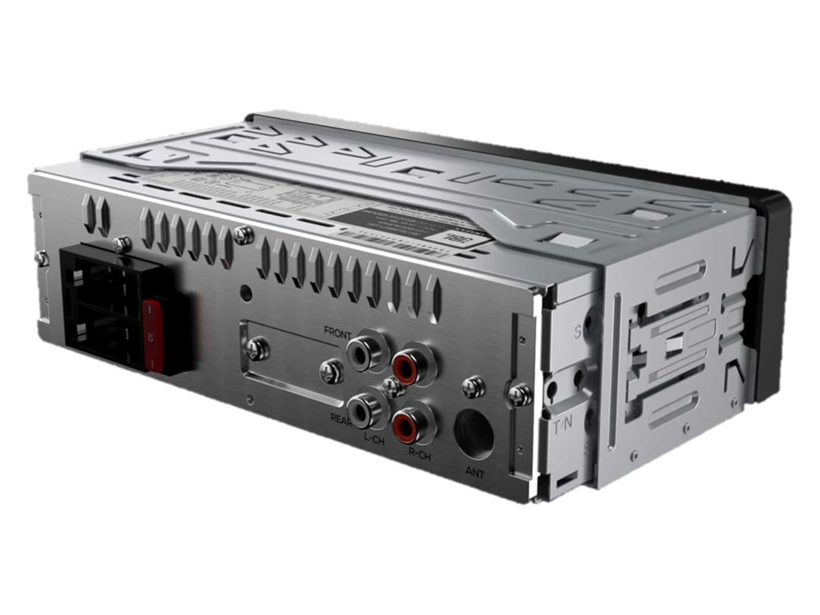 Rear view of a car stereo. Features input/output ports and a JBL logo.