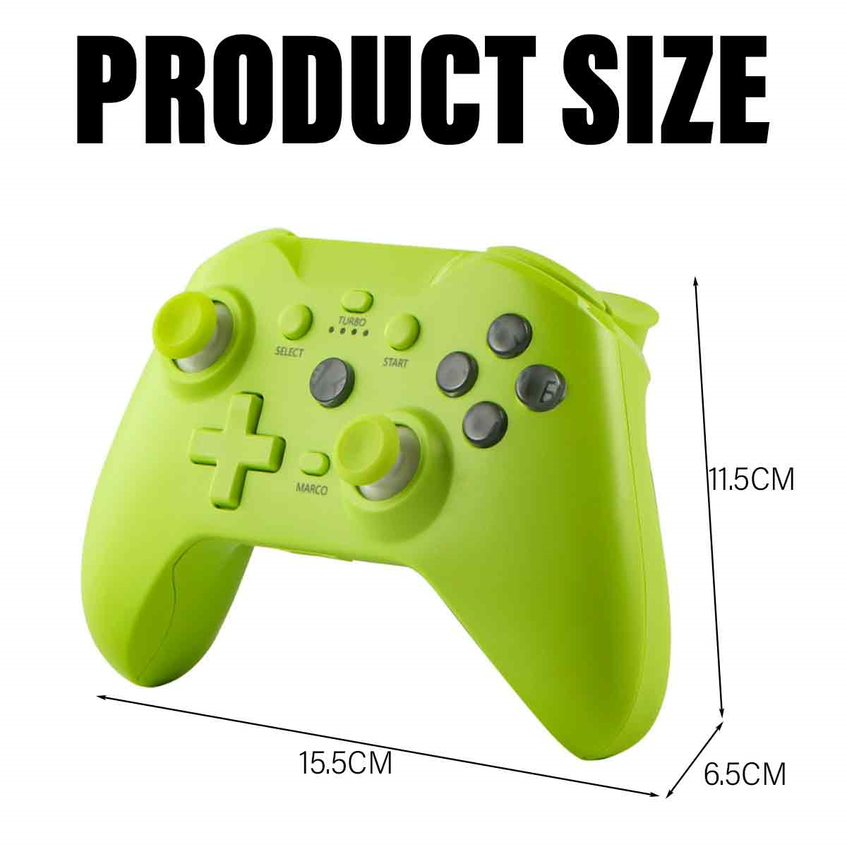 Grüner Gamecontroller mit beschrifteten Knöpfen und Maßangaben.