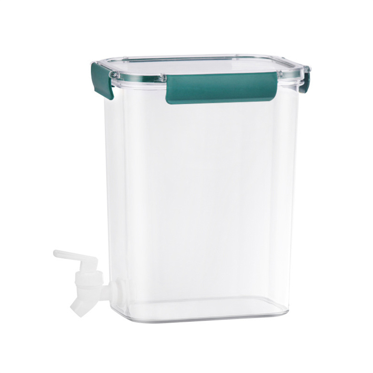 Transparenter Kunststoffbehälter mit grünem Deckel und weißem Wasserhahn.