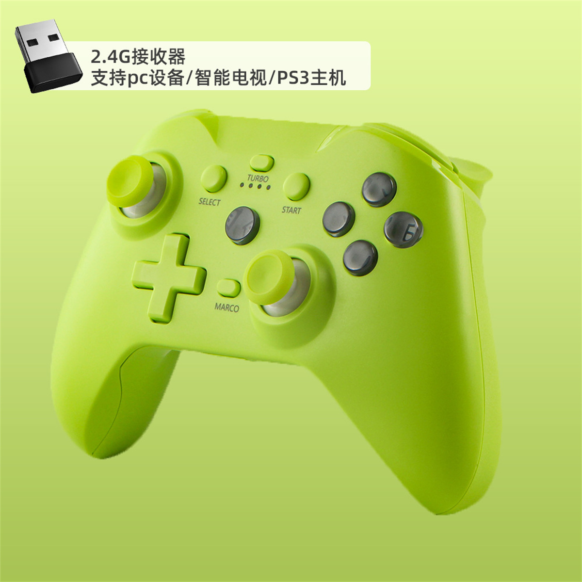 Grüner Gamecontroller mit Knöpfen und USB-Empfänger.