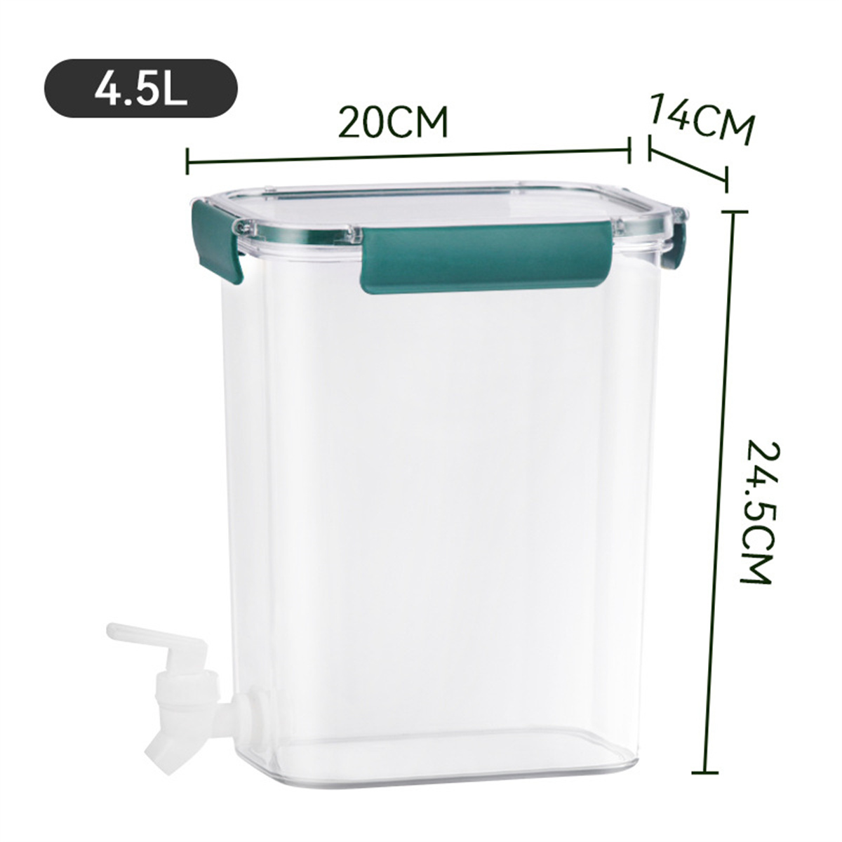 Transparenter Kunststoffbehälter mit grünem Deckel und Wasserhahn. Abmessungen sind beschriftet.