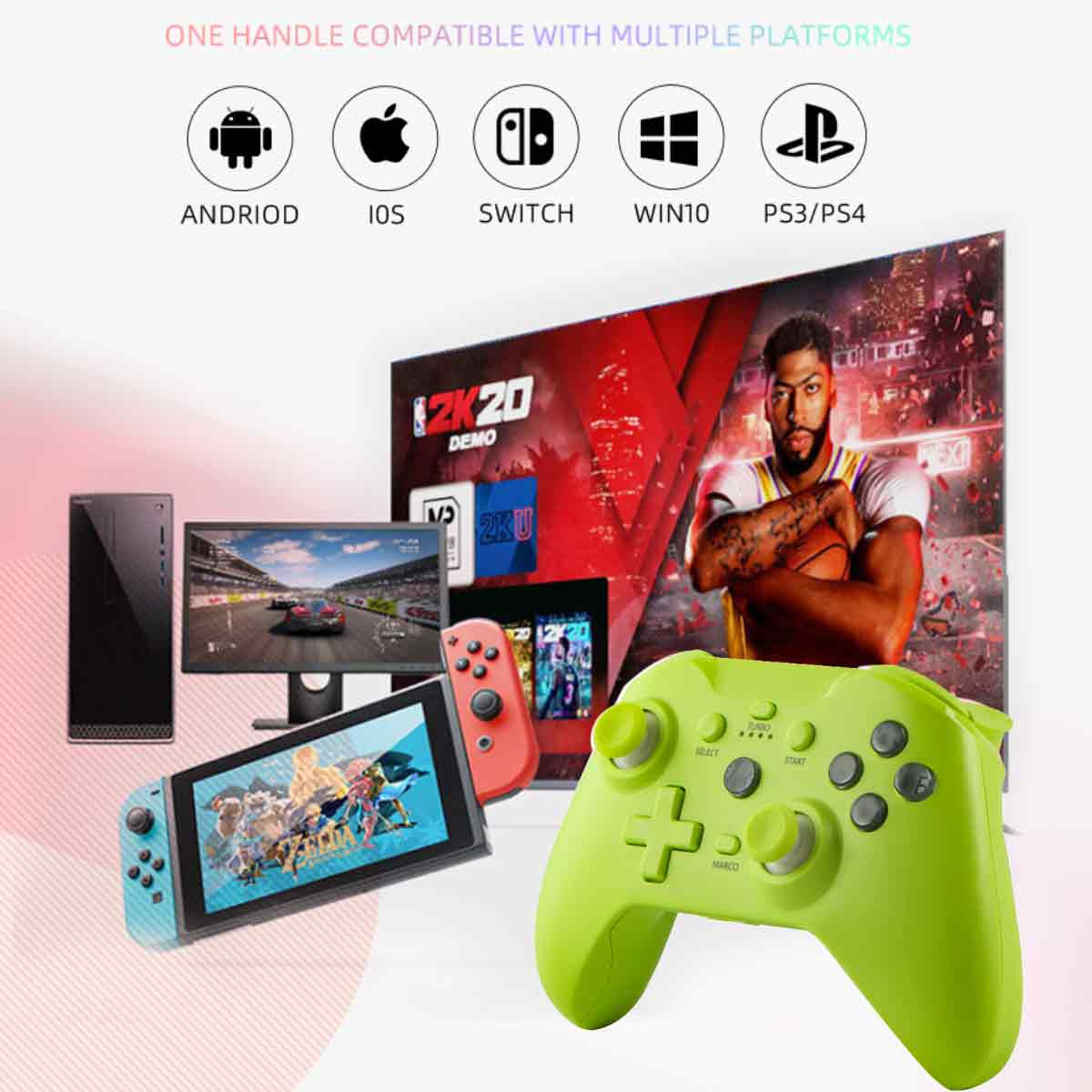 Grüner Gamecontroller mit Knöpfen und Symbolen für Android, iOS, Switch, Windows und PS3/PS4.