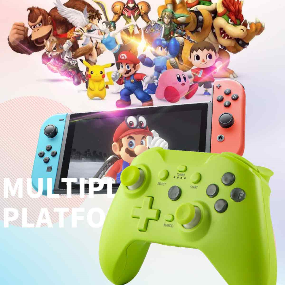 Ein grüner Gamecontroller und eine Nintendo Switch-Konsole, mit verschiedenen Spielfiguren.