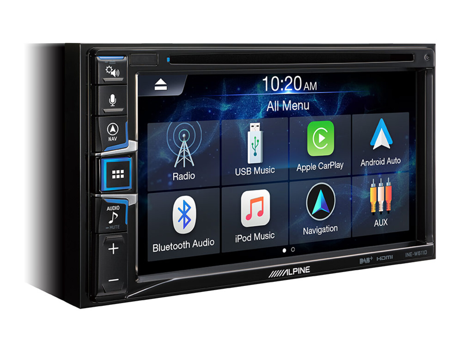 Autoradio mit Touchscreen, der ein Menü mit App-Symbolen und die Uhrzeit anzeigt.