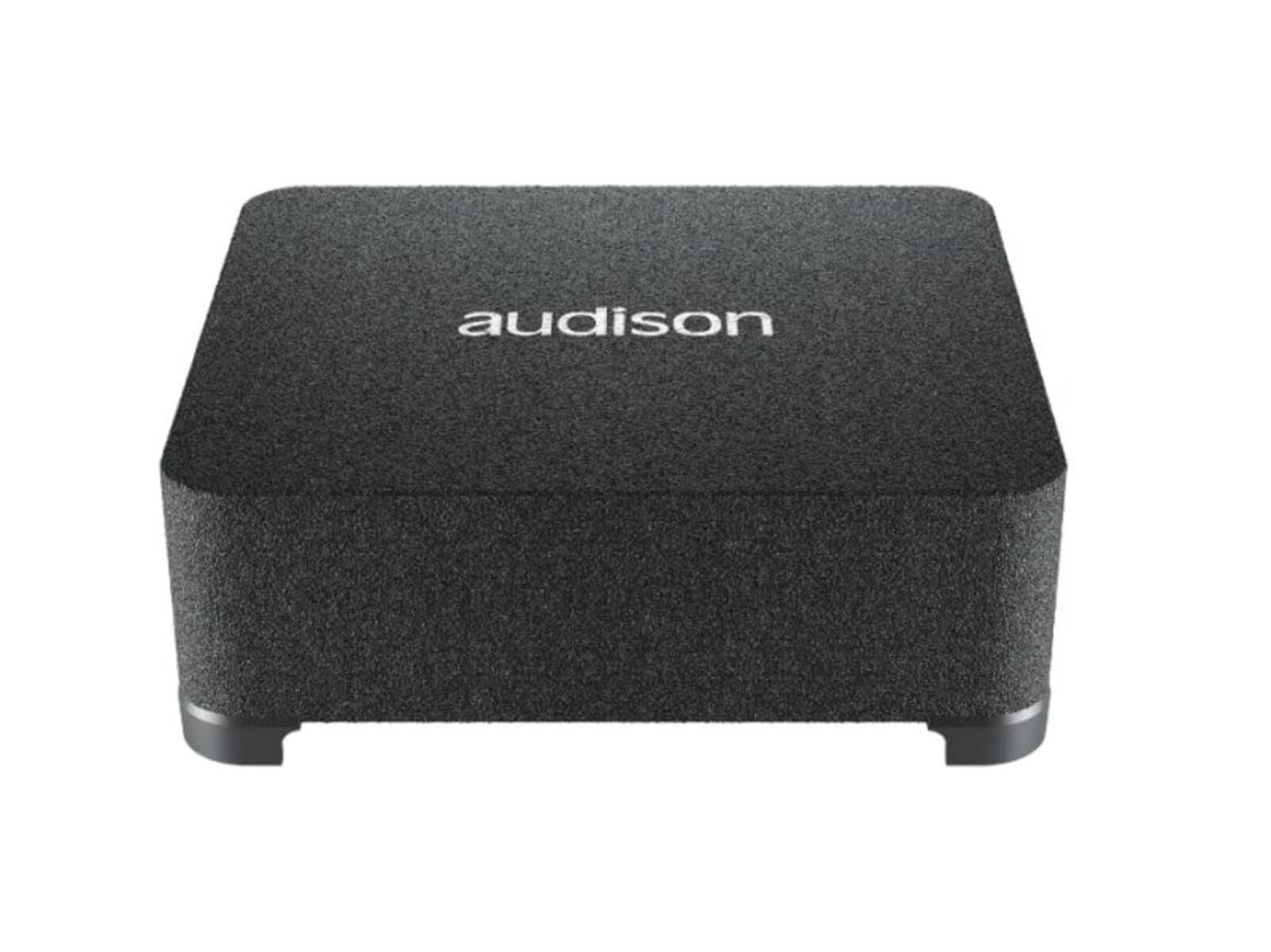 Schwarzer Audison-Subwoofer mit Markennamen oben, auf weißem Hintergrund.