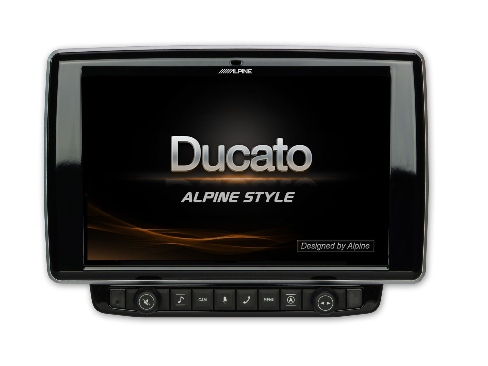 Auto-Multimedia-System-Bildschirm mit dem Wort „Ducato “ und „Alpine Style“ auf schwarzem Hintergrund.