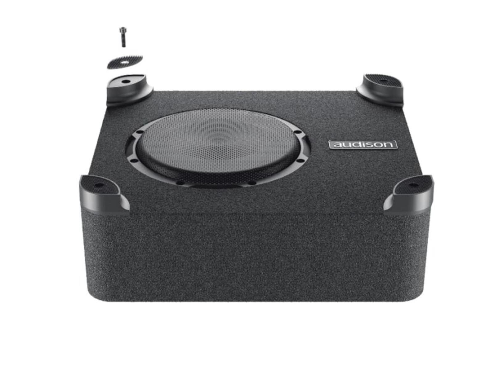 Schwarzer Subwoofer mit Lautsprecher und Montagefüßen, mit einigen Schrauben oben.