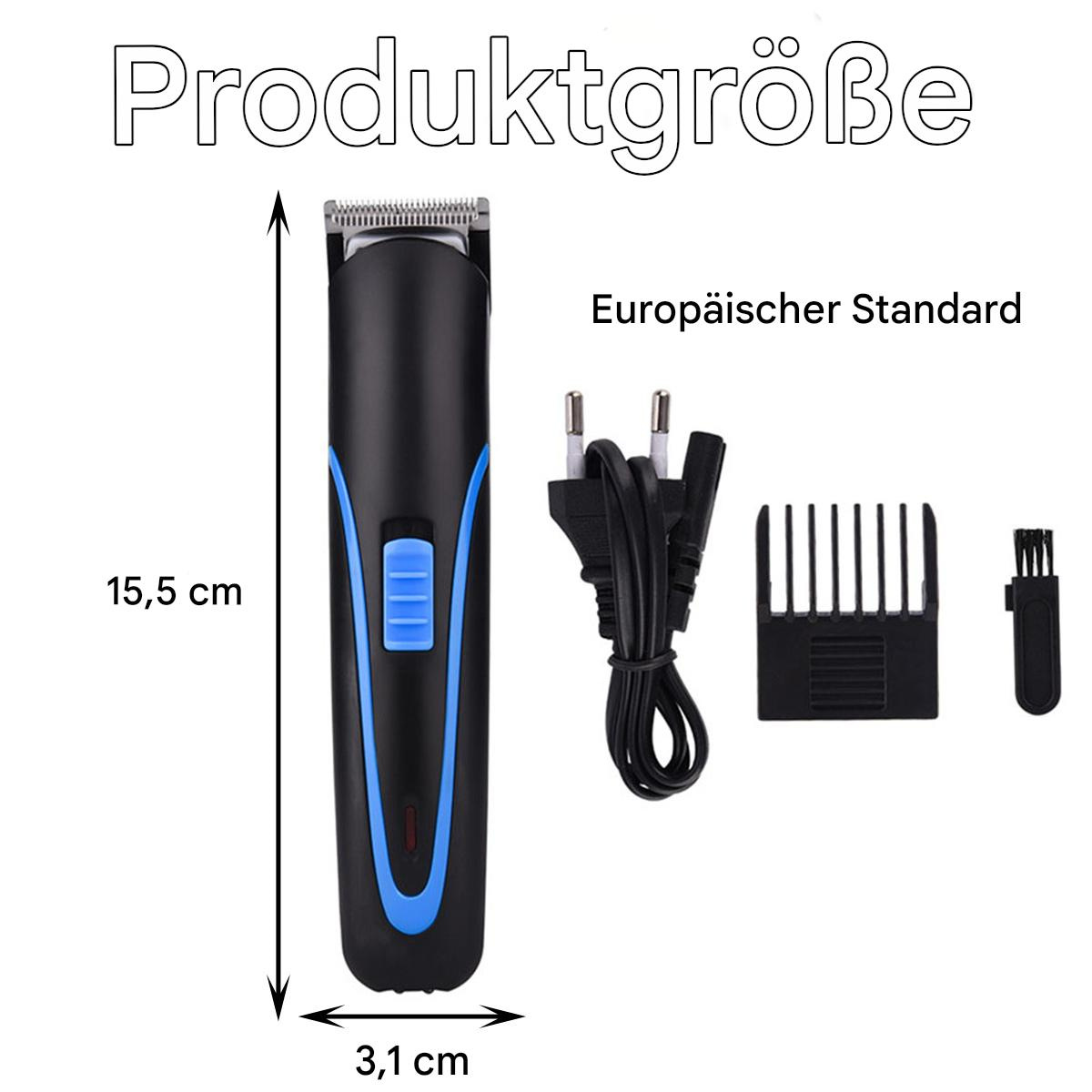 Ein schwarz-blauer Haarschneider mit verschiedenen Zubehörteilen, isoliert auf Weiß.