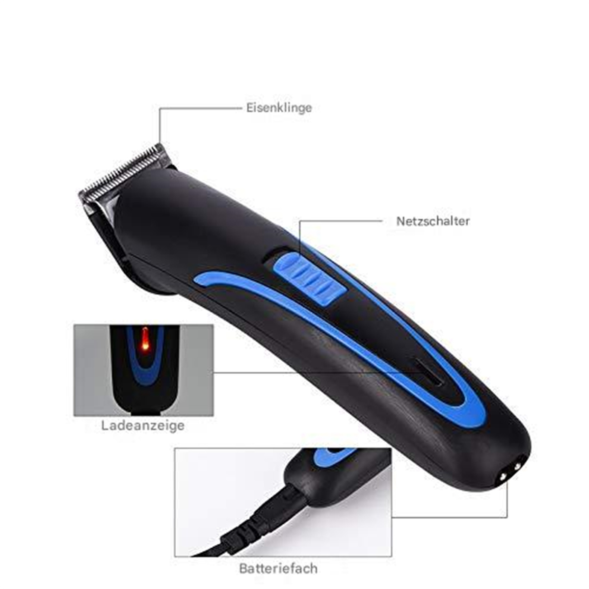 Schwarzer und blauer elektrischer Haarschneider mit Klinge, Netzschalter und Ladeanzeige.
