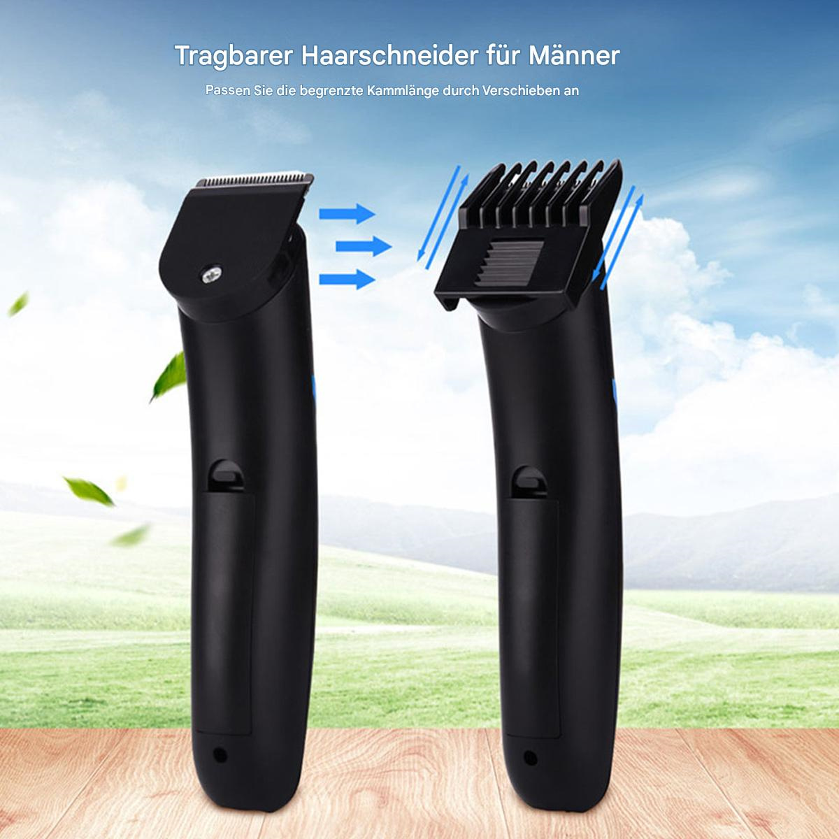 Zwei schwarze elektrische Haarschneider mit Klingen und einem Aufsatz. Pfeile zeigen, wie man den Aufsatz wechselt.