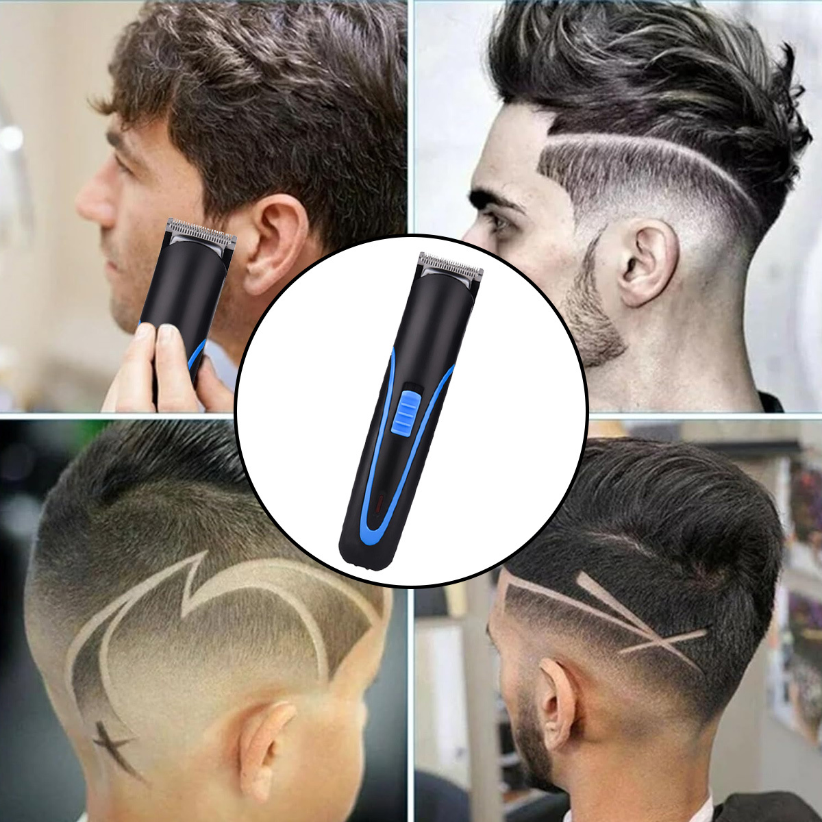 Herrenschnitte mit Haarschneidern. Drei verschiedene Männer mit detaillierten Haardesigns.