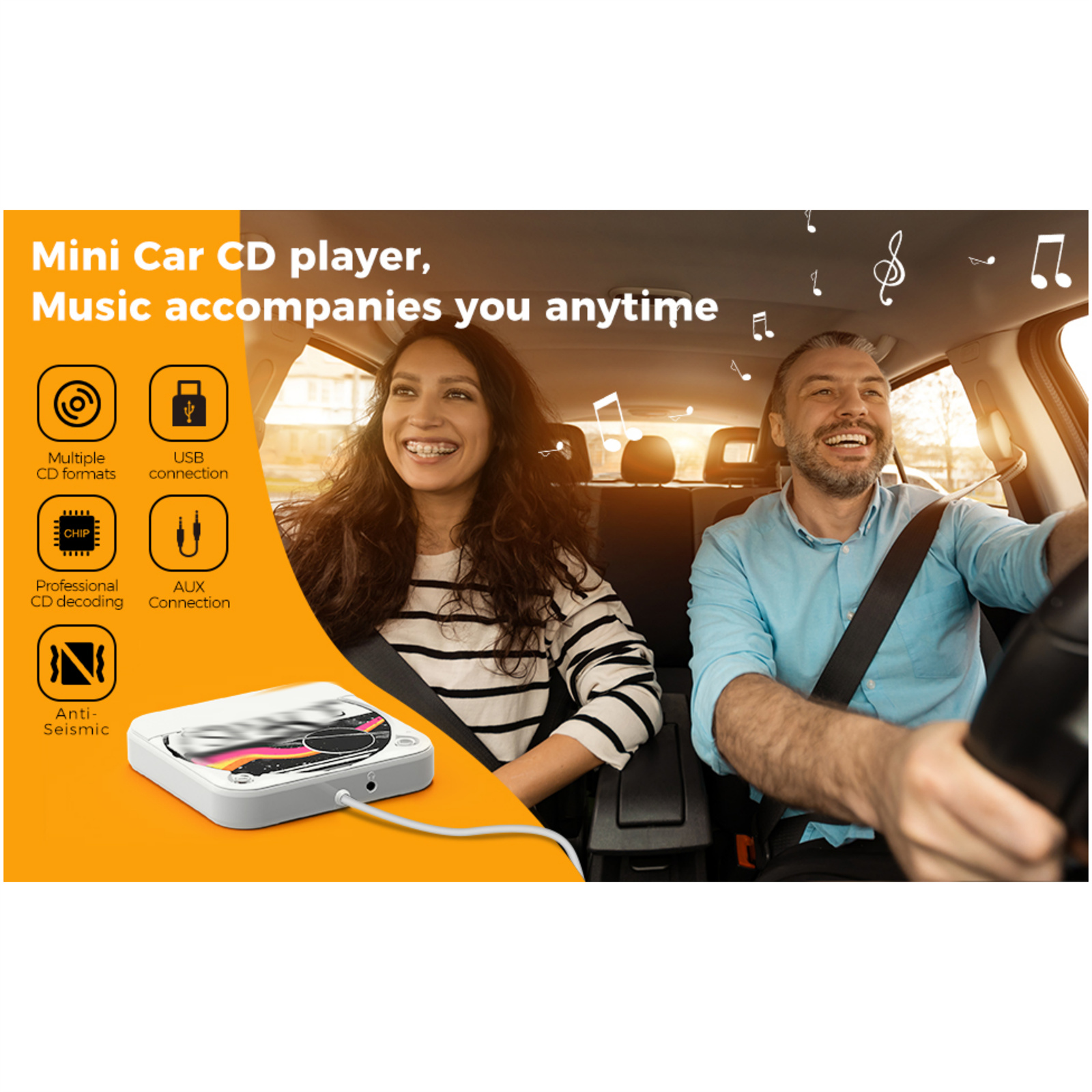 Ein Autointerieur mit CD-Player und fröhlichen Menschen. Symbole und Text sind links.