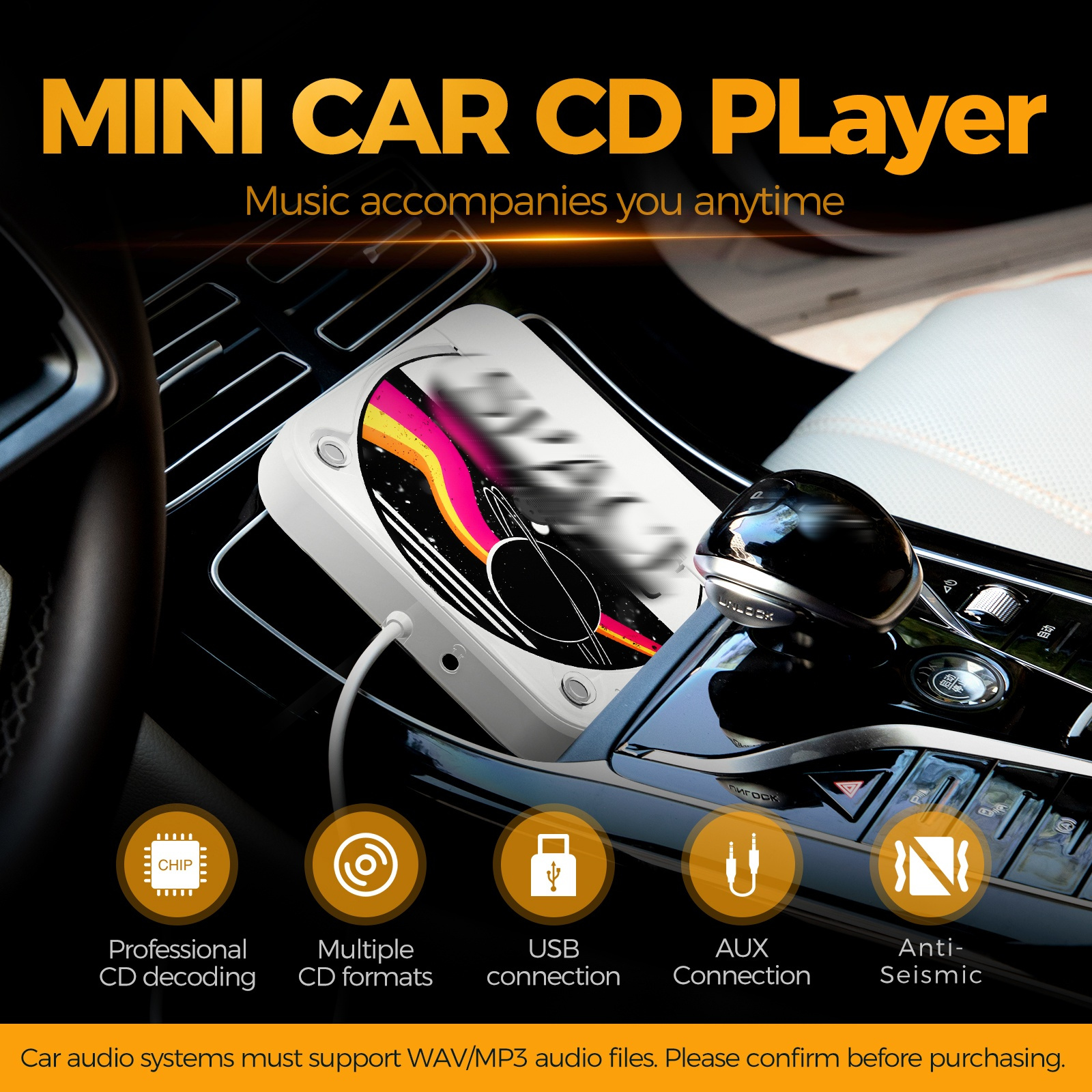 Ein Auto-CD-Player im Auto, mit Symbolen für Funktionen wie USB- und AUX-Anschluss.