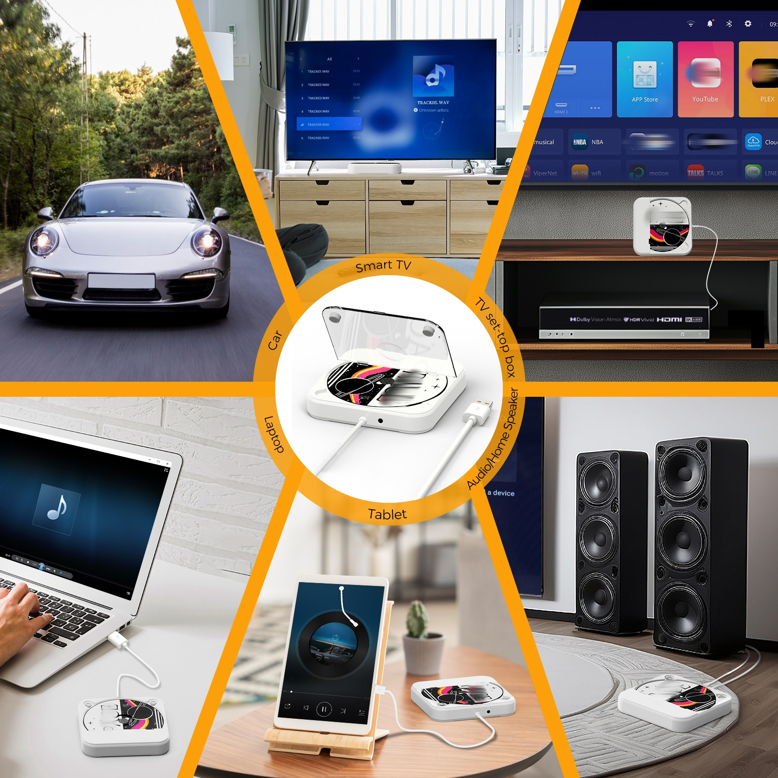 Eine Collage, die verschiedene Verwendungen eines Medien-Streaming-Geräts mit einem Auto, Laptop, Tablet und Lautsprechern zeigt.