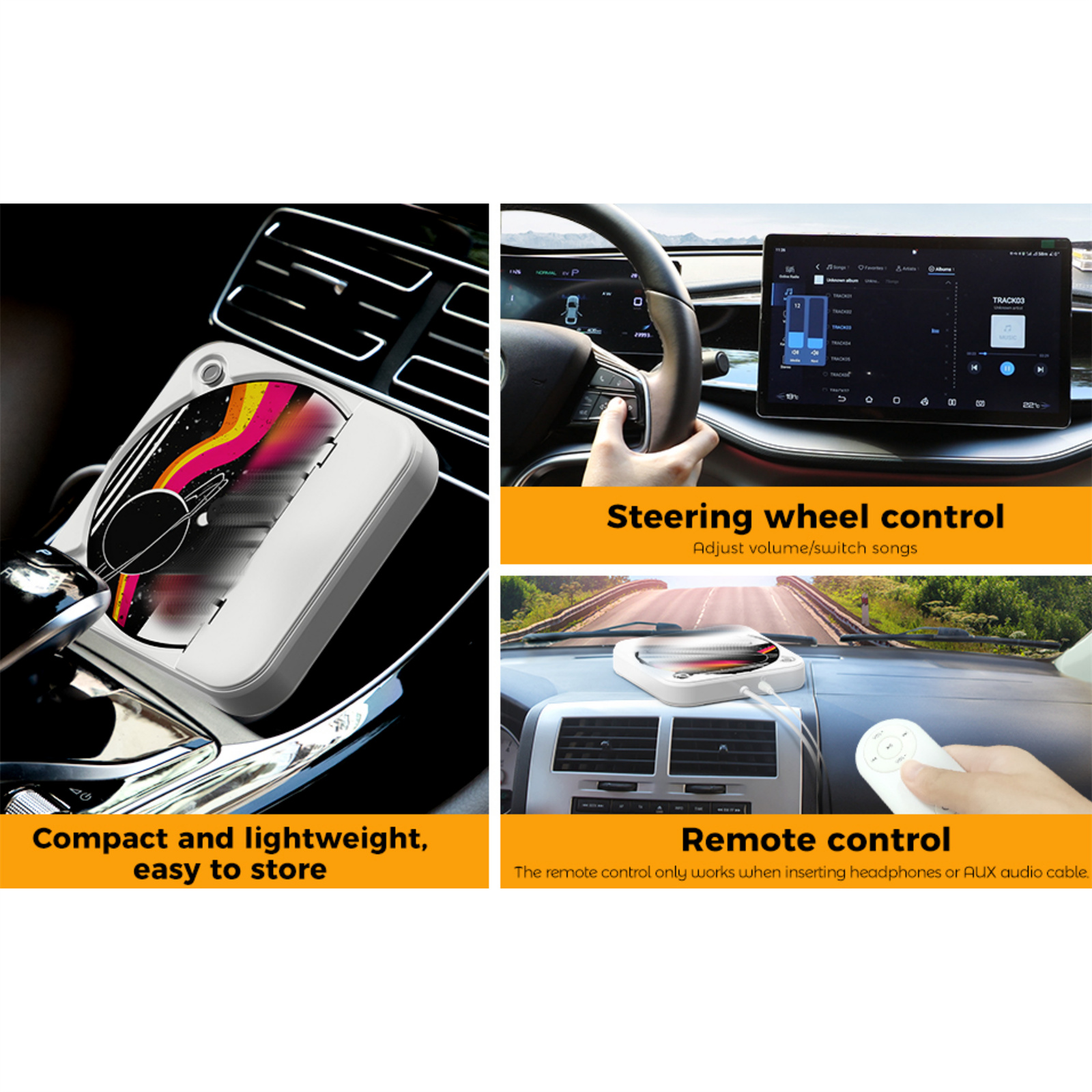 Autointerieur mit CD-Player und Bildschirm. Text beschreibt Lenkradsteuerung und Fernbedienung.