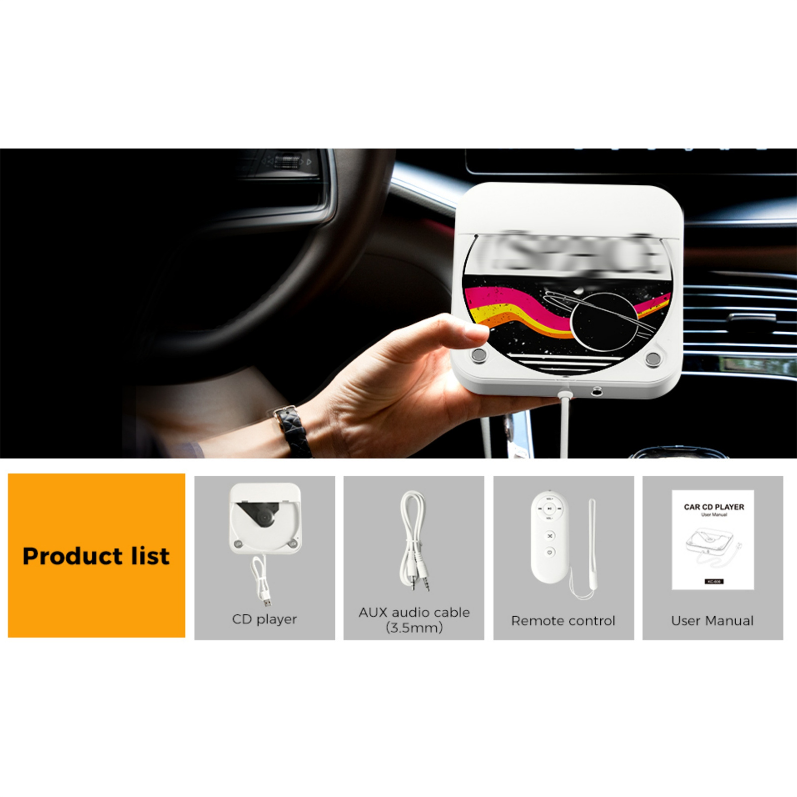 Auto-CD-Player in der Hand mit Produktliste und Zubehör.