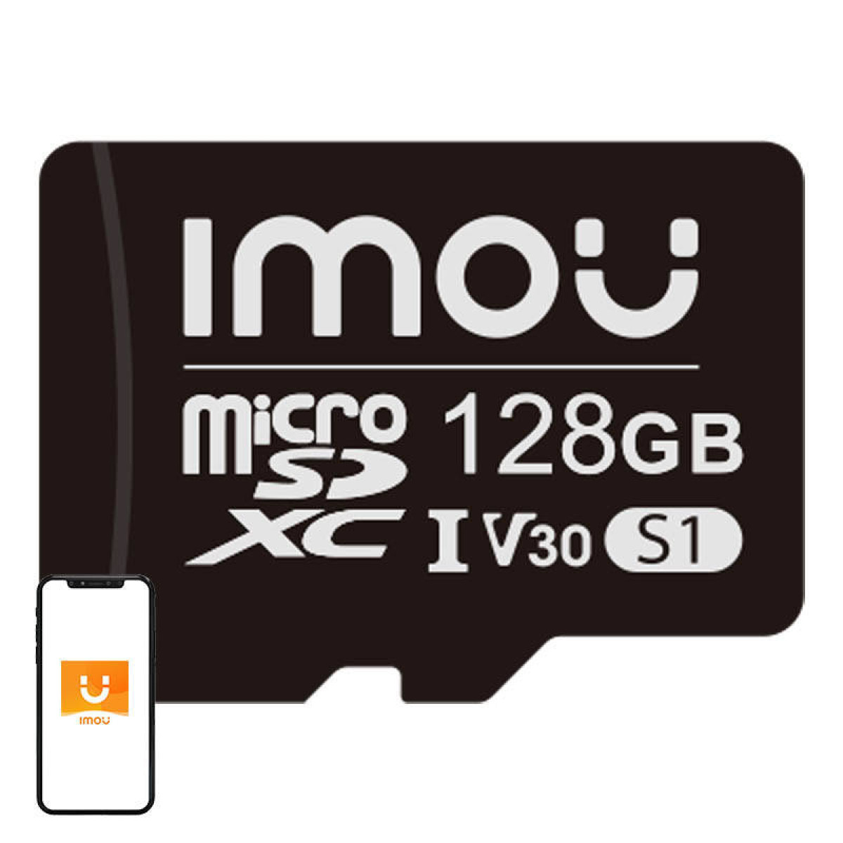 Una scheda micro SD nera da 128 GB con il logo 'imou' e uno smartphone con lo stesso logo sul display.
